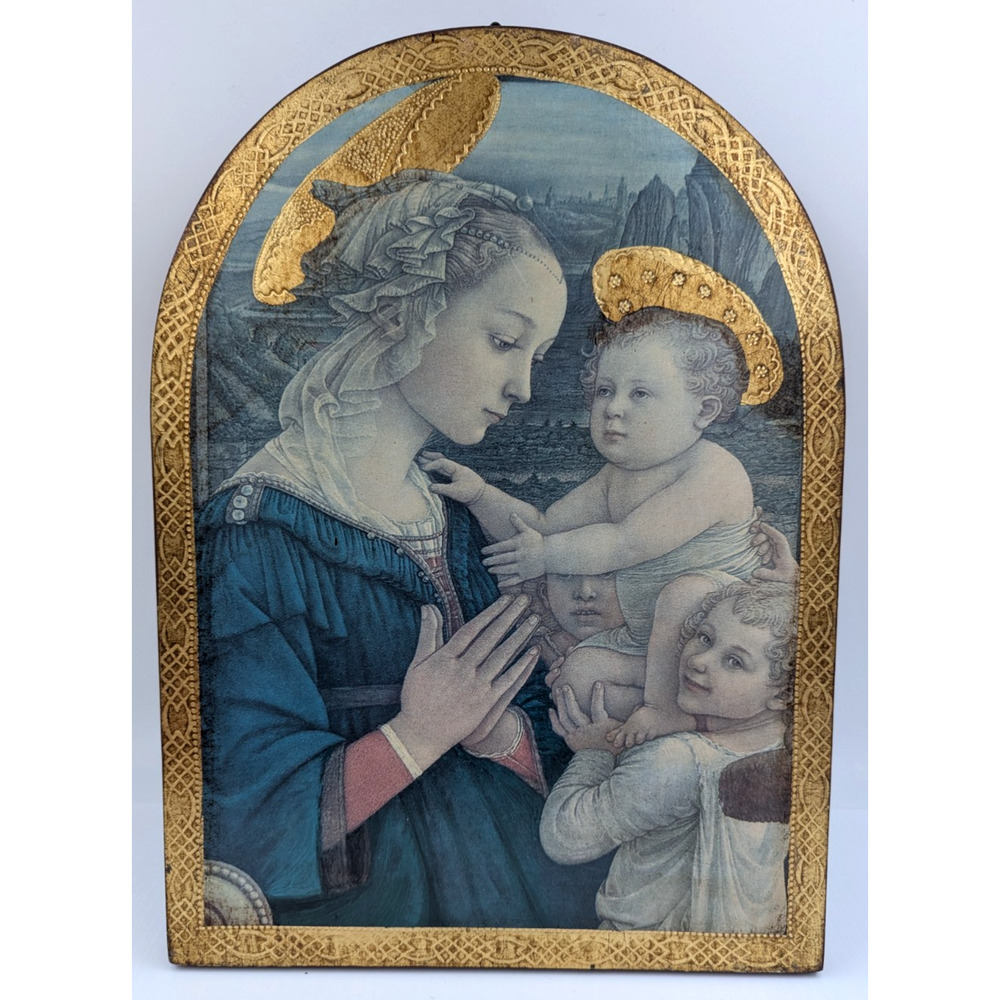 Arched Madonna and Child Italian Venetian F. Lippi Wooden Plaque by Gump's 11x15